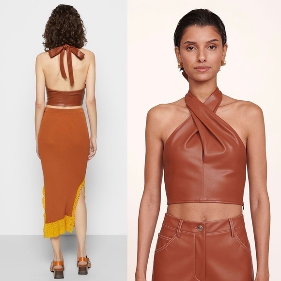 NWT STAUD 70s Vegan Leather Keyhole Twist Front Open Back Halter Tie Crop Top 10 - Picture 10 of 17